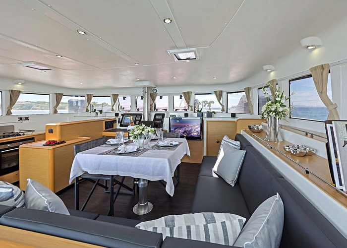 dining area, catamaran party Mykonos, charter catamaran Mykonos